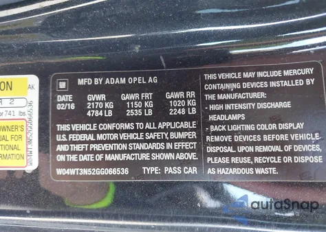 2016 Buick Cascada Premium из США, поврежденный, VIN W04WT3N52GG066536